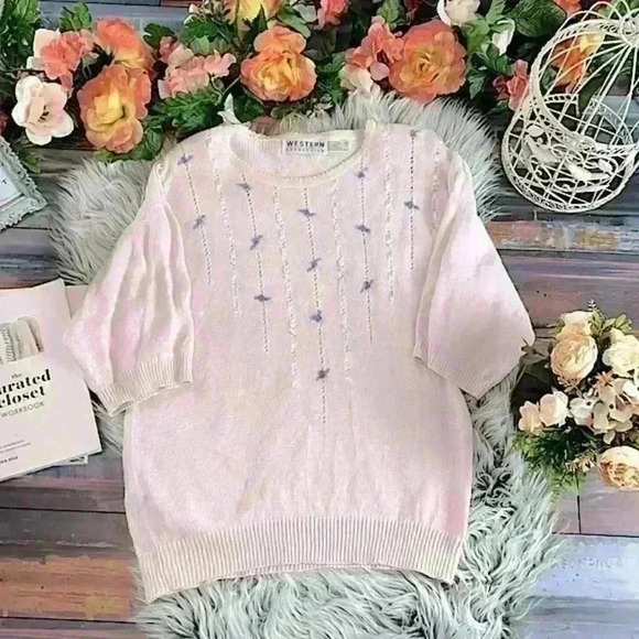 Vintage Western Connection Coquette Rose Cotton Blend Sweater Ribbons & Pearls - Picture 2 of 10
